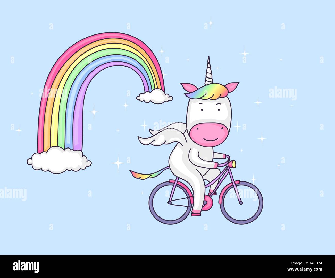 Cartoon carino di un liocorno in sella ad una bicicletta al di sotto di un arcobaleno. Illustrazione Vettoriale
