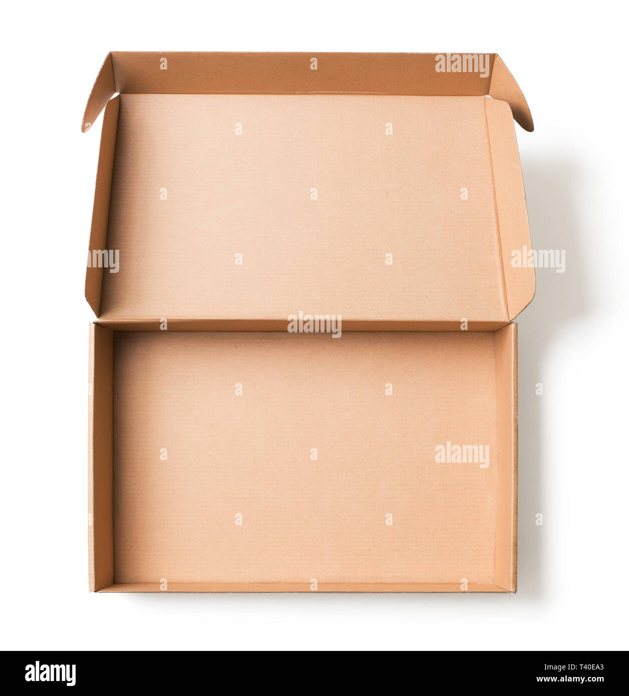 Aprire la scatola di cartone vista superiore isolata con ombre nessun percorso di clipping incluso Foto Stock