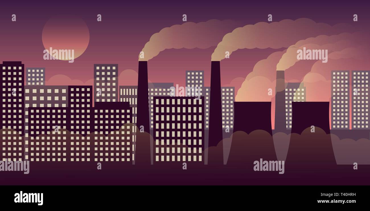 City scape di notte con inquinamento da industria e lo smog illustrazione vettoriale EPS10 Illustrazione Vettoriale
