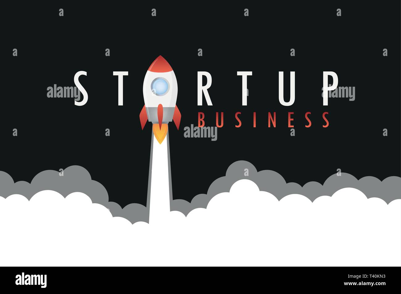 Startup business testo concetto di lancio di un razzo con fumo illustrazione vettoriale EPS10 Illustrazione Vettoriale