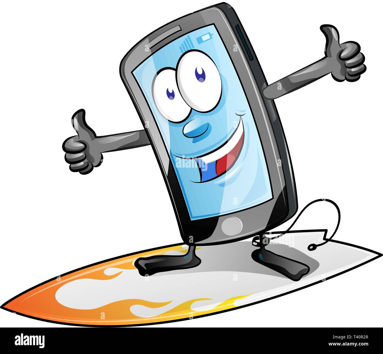 Smartphone divertente personaggio cartoon sulla tavola da surf. isolato su sfondo bianco. clip art vector Illustrazione Vettoriale