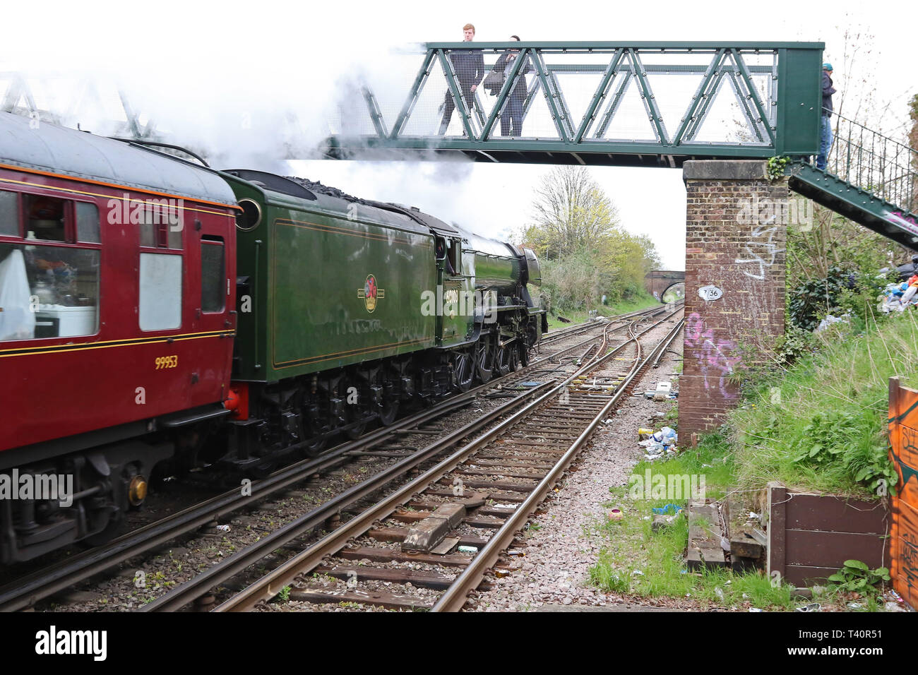 Flying Scotsman locomotiva a vapore, Hounslow stazione ferroviaria, Londra, UK, 12 aprile 2019, Foto di Richard Goldschmidt Foto Stock