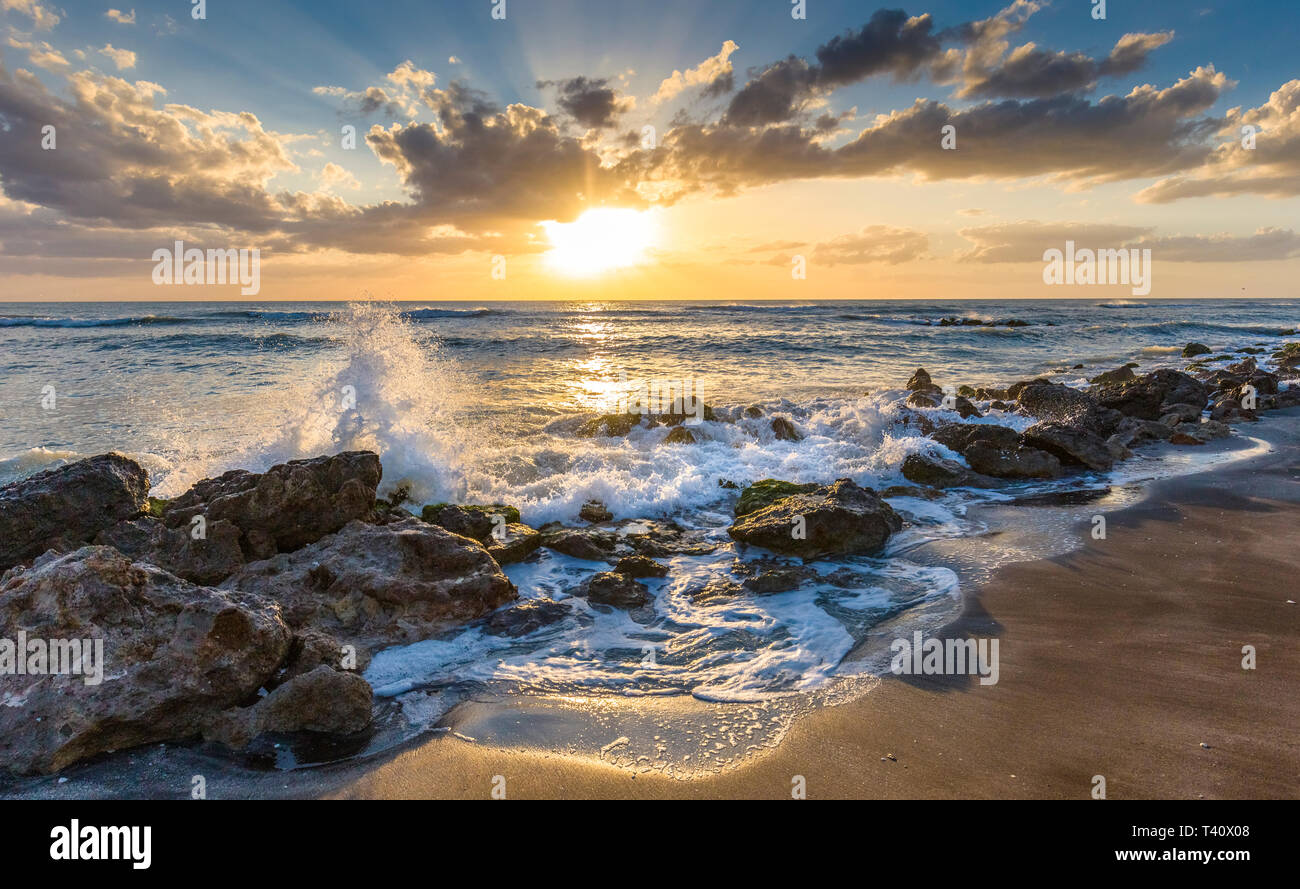 Tramonto sulla spiaggia rocciosa del Golfo del Messico a Caspersen Beach in Florida Venezia Foto Stock