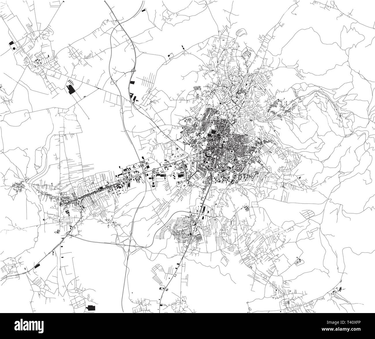 Mappa satellitare di Pristina, è la capitale del Kosovo. È situato nella parte nord-orientale del Kosovo. Mappa di strade e di edifici del centro città Illustrazione Vettoriale