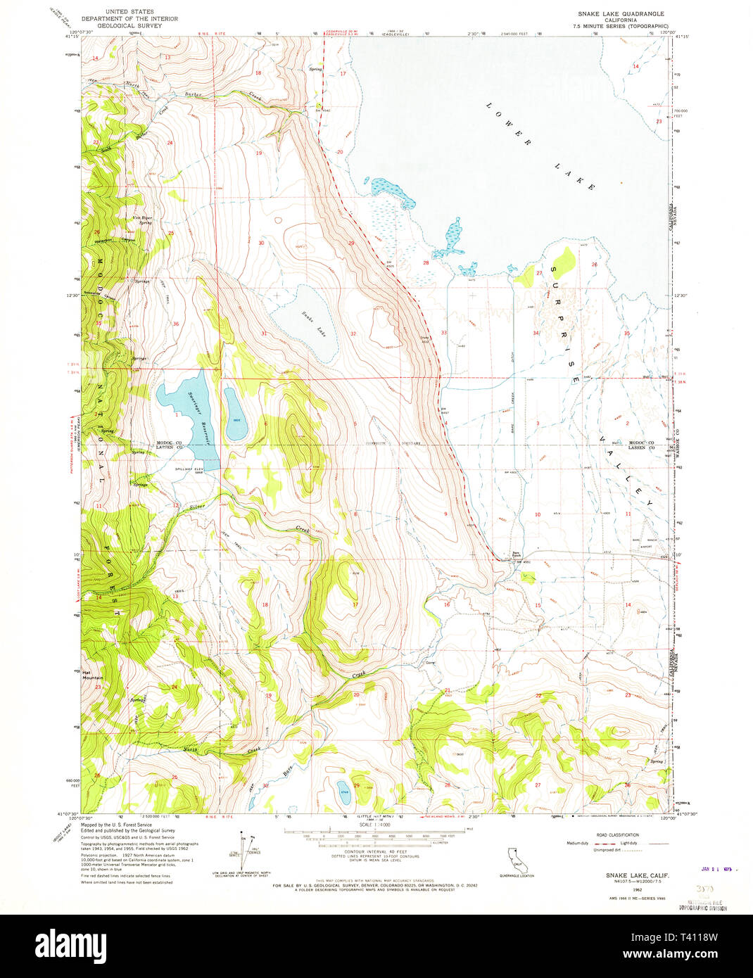 USGS TOPO Map California CA Lago di serpente 300554 1962 24000 Restauro Foto Stock