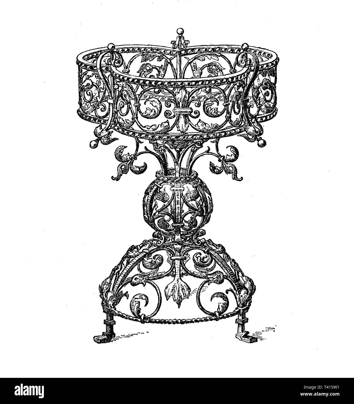 Rinascimento Elaboreated illustrazione: ferro battuto tavolo con fioriera Foto Stock
