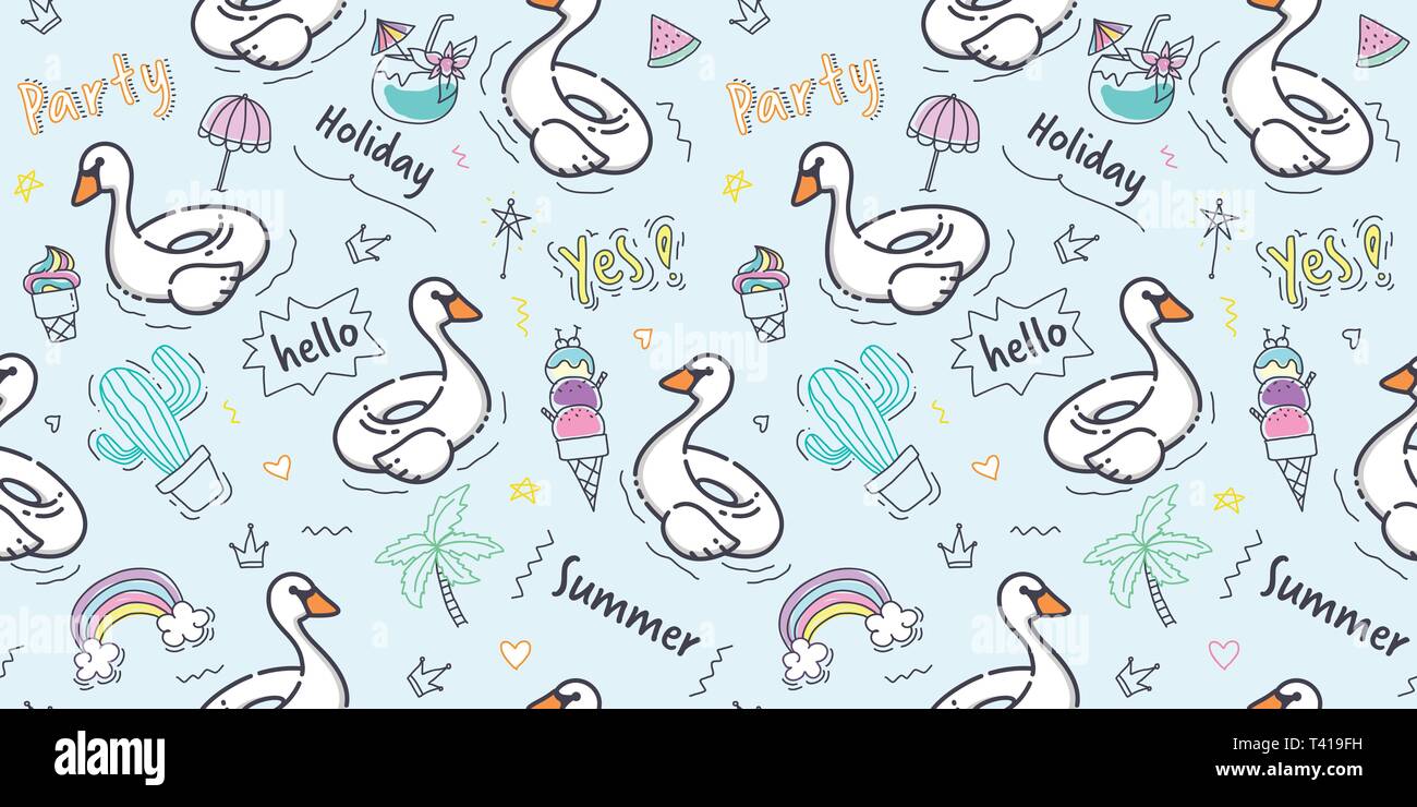 Modello di Swan seamless. Disegnare a mano swan nuotare in piscina con anello doodle estate elemento su sfondo blu per kid tessuto stampa, scrapbook, la carta di avvolgimento Illustrazione Vettoriale