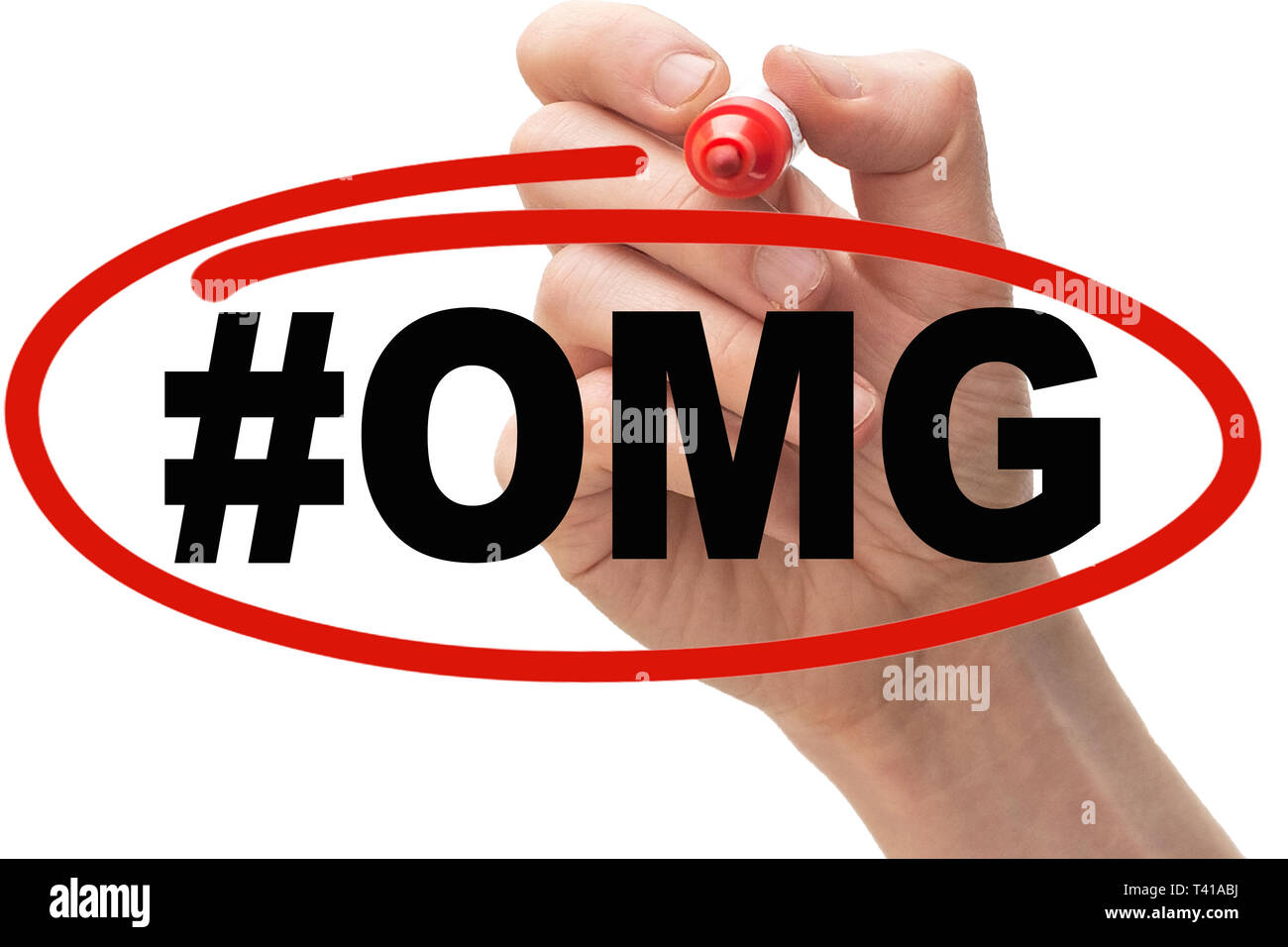Disegno a mano un cerchio rosso intorno al testo #OMG. Foto Stock