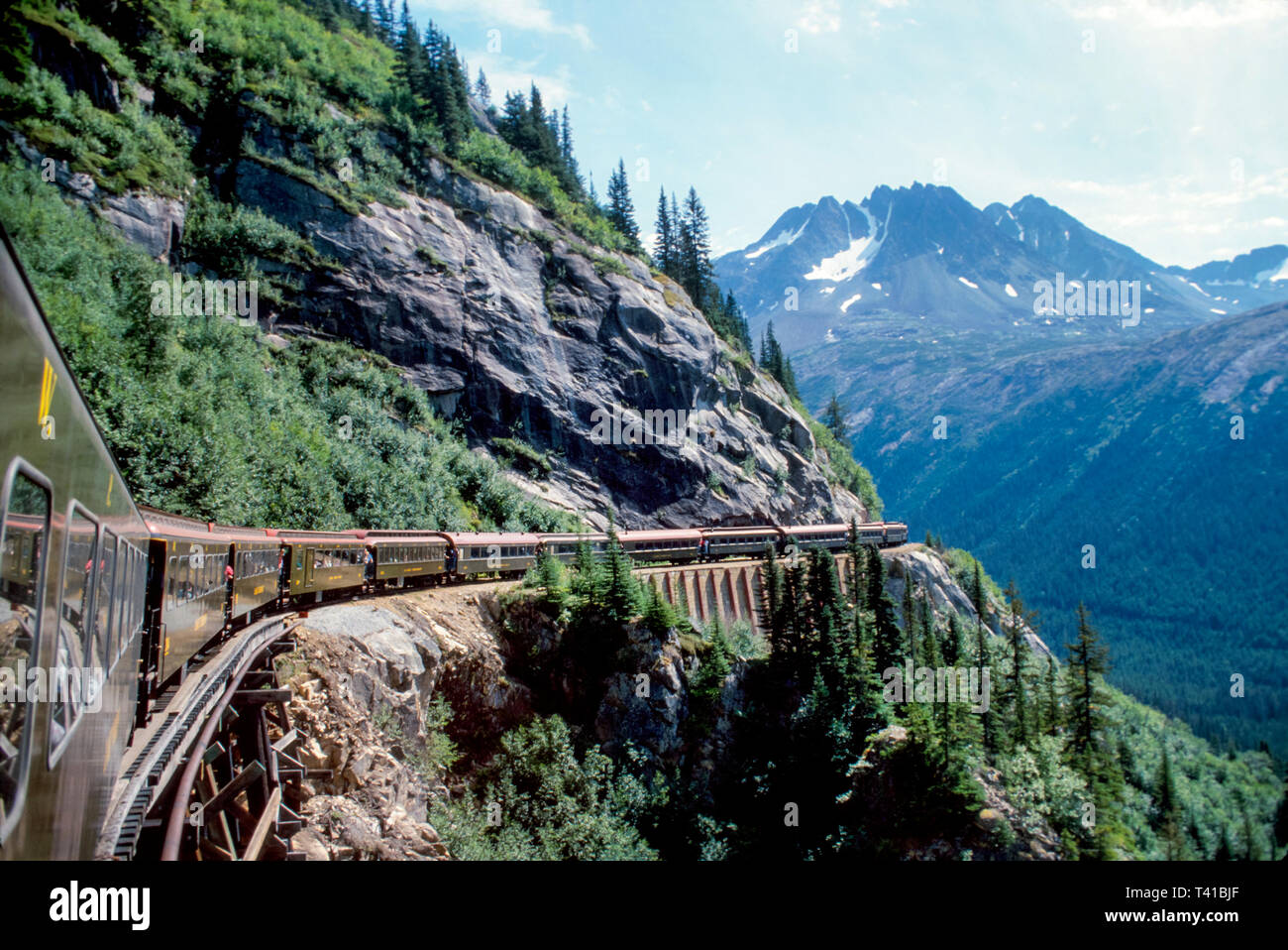 Alaska Alaskan Skagway White Pass & Yukon Railroad, escursione in treno a bordo di una stretta gabbia al White Pass Summit, Foto Stock