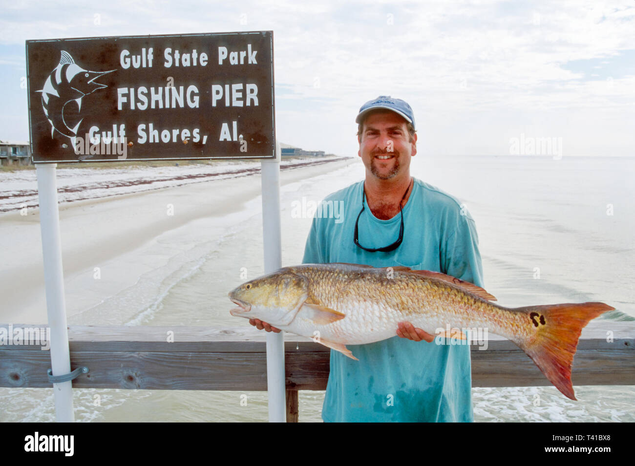 Alabama Gulf Coast Baldwin County Gulf Shores, Gulf state Park Pier Fisherman detiene pesce rosso catturato, Foto Stock