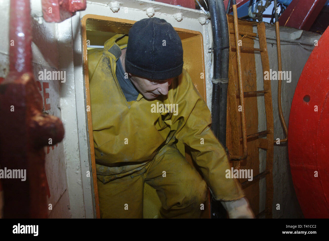 Sul peschereccio in mare irlandese. 4-uomo squadra lavora su 1 delle ultime navi per la pesca a strascico. Fleetwood, nel Lancashire. 24/10/06 Foto Stock