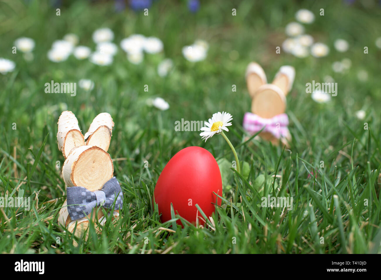 Coniglietto di Pasqua e red hen uovo di Pasqua in un'erba tra deisies Foto Stock