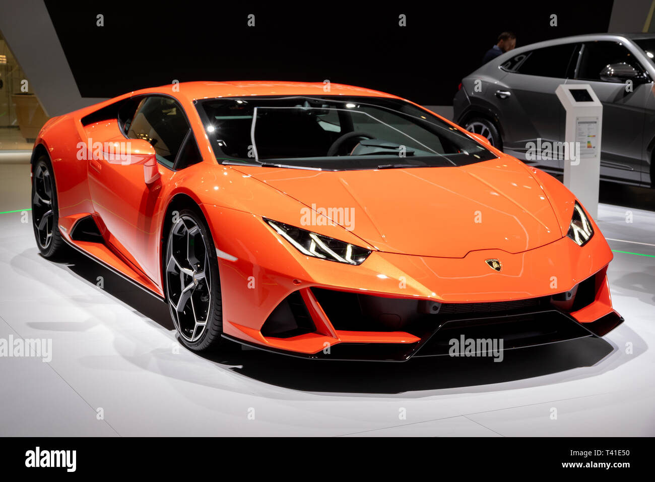 Ginevra, Svizzera - Marzo 5, 2019: Lamborghini Huracan EVO Spyder auto sportiva esposti all'ottantanovesimo Geneva International Motor Show. Foto Stock