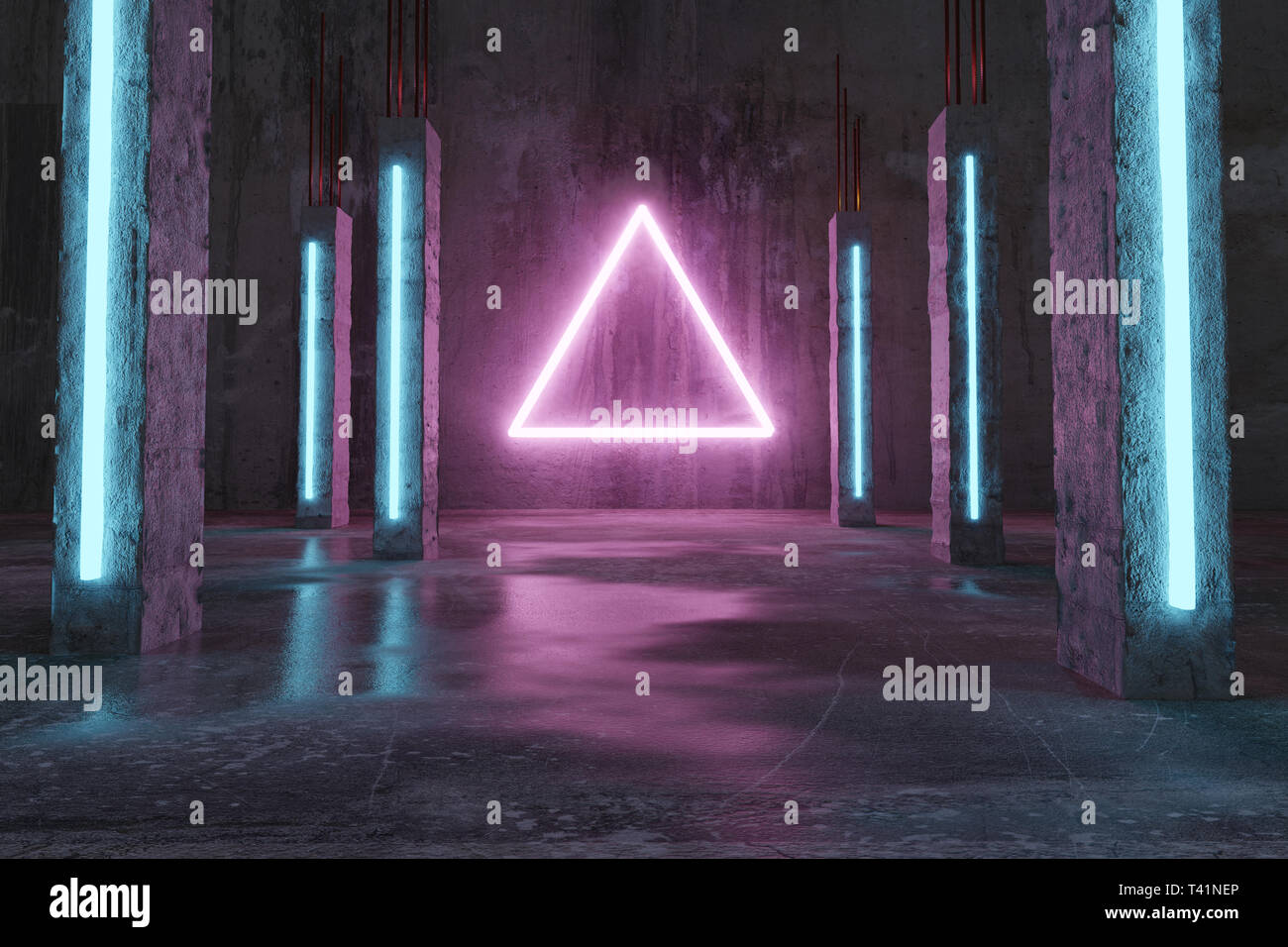 3D rendering di magenta alleggerire in forma di triangolo accanto da blue colonne di cemento e grunge piano con pozzanghere Foto Stock