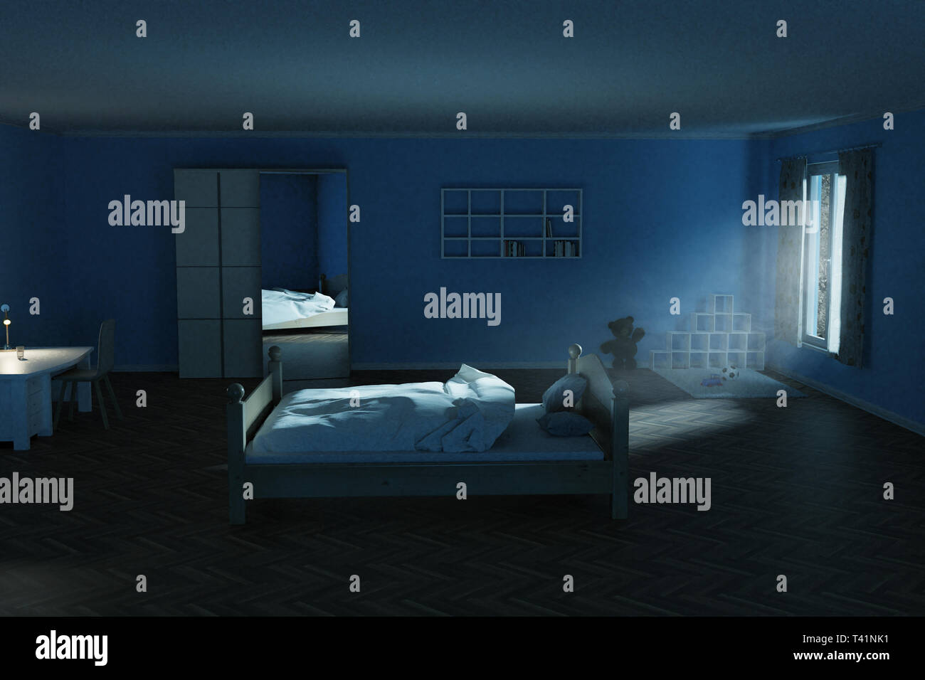 Il rendering 3d della camera dei bambini a notte con brilla luminosa il raggio di luce della luna Foto Stock