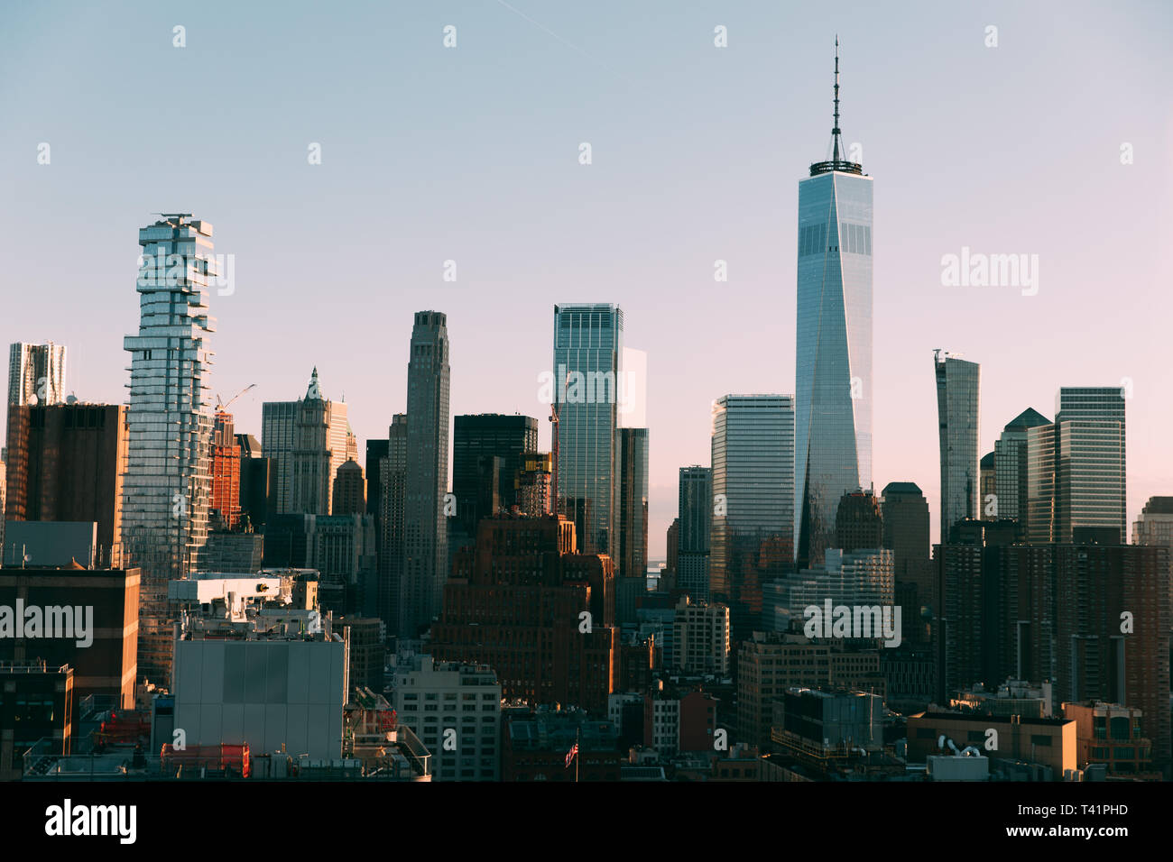 Skyline di Manhattan il Quartiere Finanziario di New York City con un WTC, Freedom Tower, architetto David Childs. Foto Stock