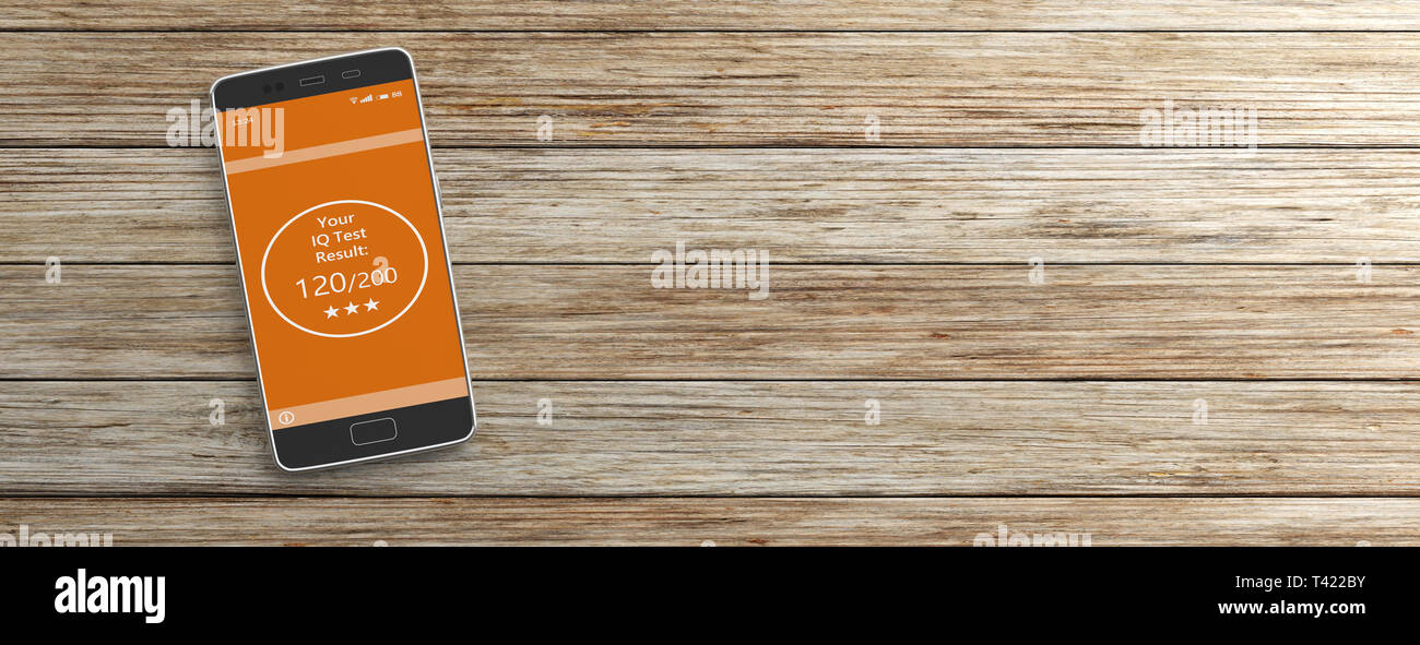 Verifica IQ. Online test di intelligenza risultato, testo su schermo di cellulare isolata contro lo sfondo di legno, banner, copia dello spazio. 3d illustrazione Foto Stock