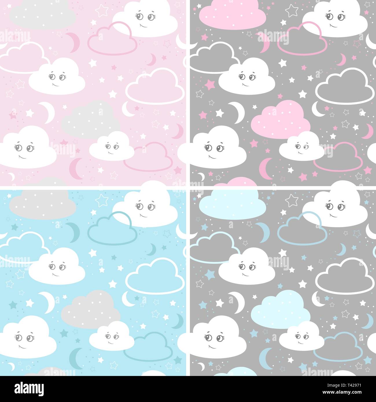 Illustrazione Vettoriale baby seamless pattern. Impostare i bambini seamless pattern con graziosi nuvole, stelle. Illustrazione Vettoriale