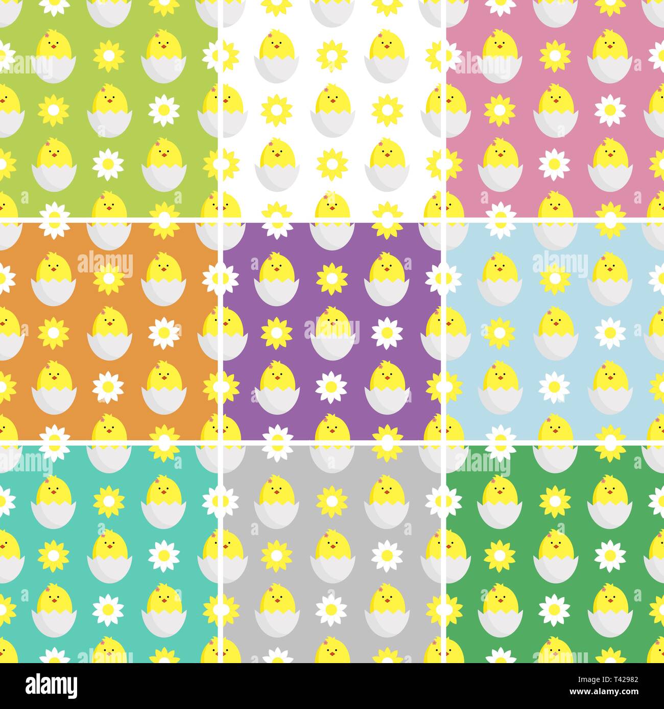 La decorazione di tessuti, imballaggi e sfondi per bambini. Impostare perfetta illustrazione vettoriale con margherite,camomilla e polli. Illustrazione Vettoriale