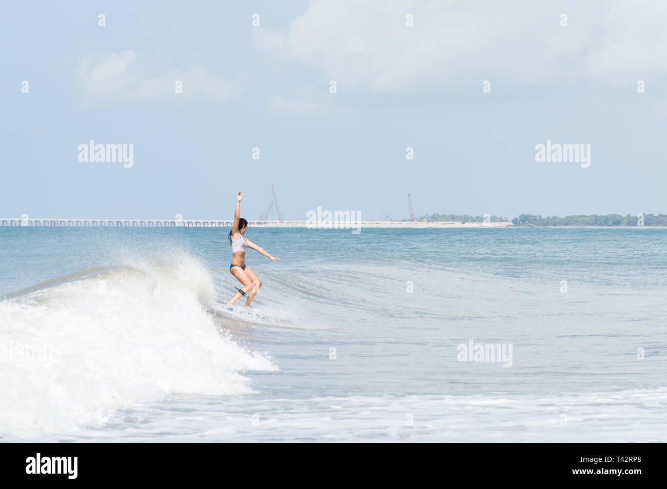 Giovane donna adulta enyoing un'onda mentre navighi su un longboard nei Caraibi durante una giornata di sole Foto Stock