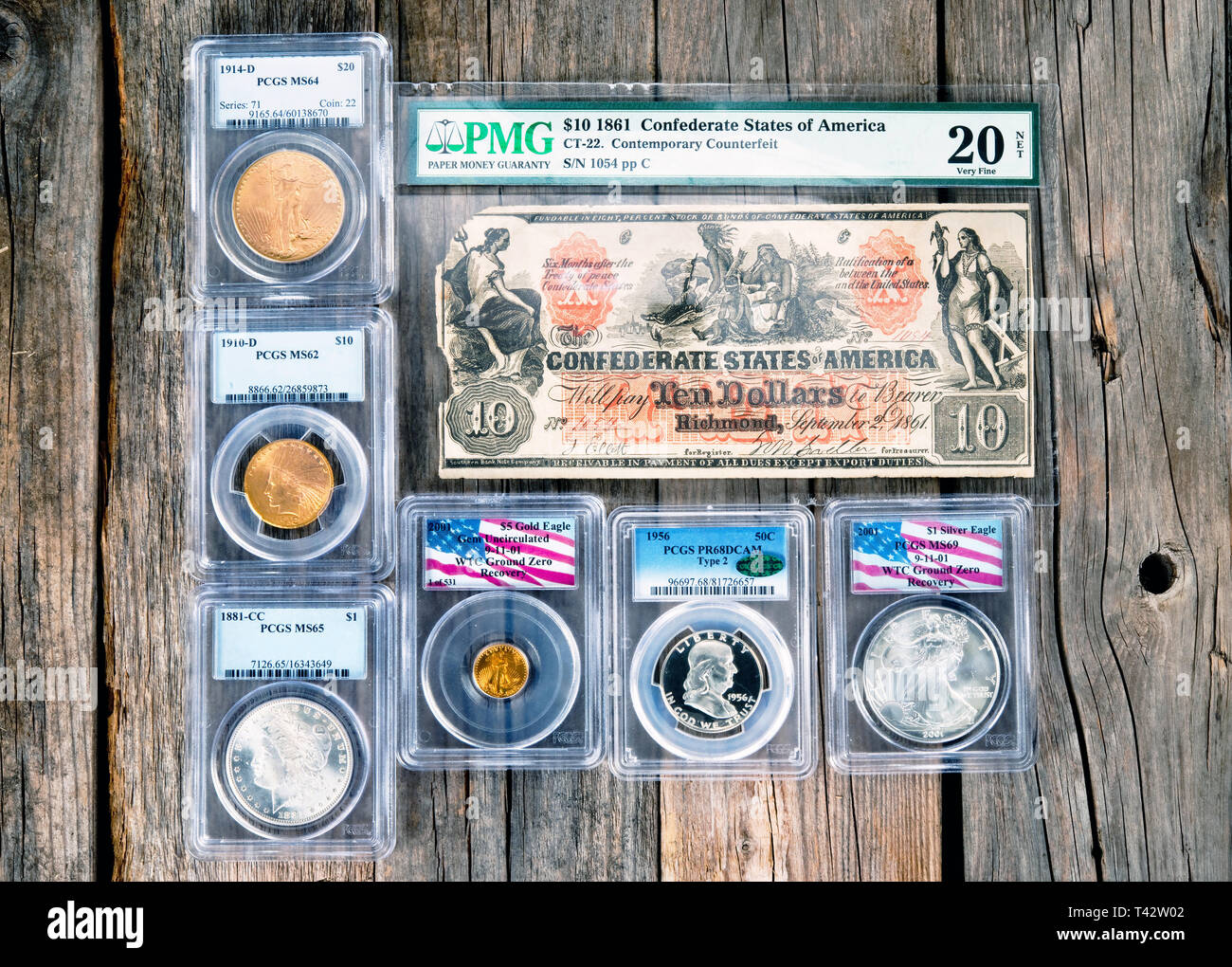Dallas, Texas - Aprile 12,2019 - un gruppo di classificato monete rare per il coin collector. Foto Stock