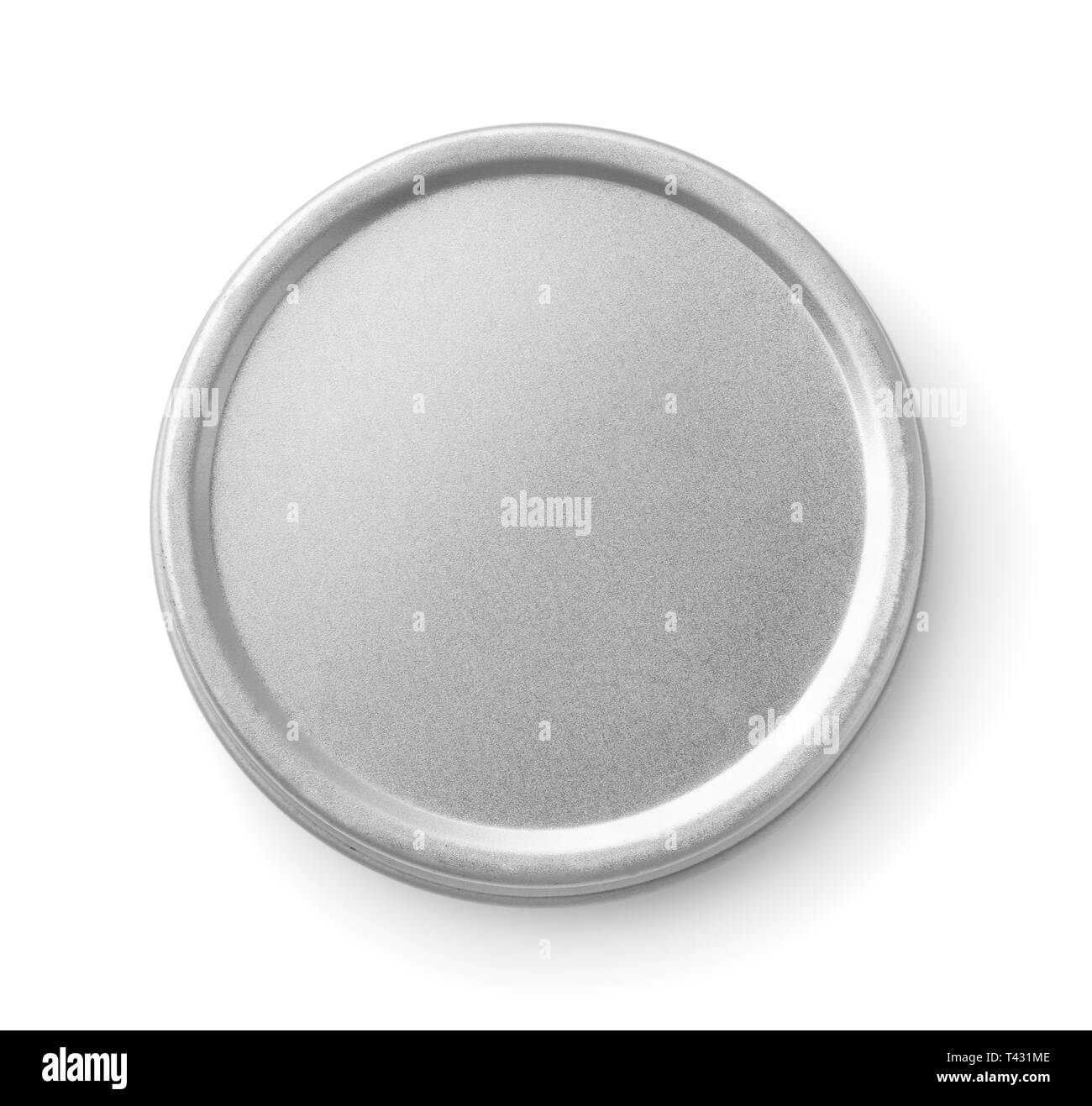 Vista superiore del metallo chiuso contenitore rotondo isolato su bianco Foto Stock