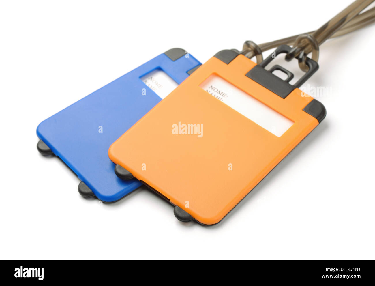 Due bagagli di plastica tags isolato su bianco Foto Stock