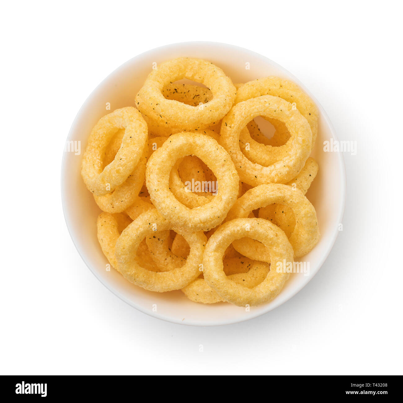 Vista superiore della cipolla croccante ring recipiente isolato su bianco Foto Stock