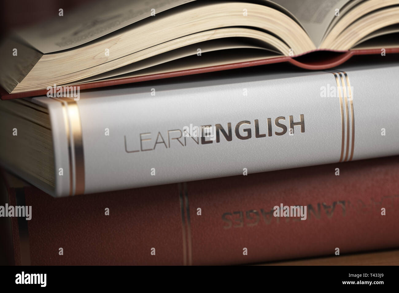 Imparare l'inglese. Libri e libri di testo per studiare inglese. 3d illustrazione Foto Stock