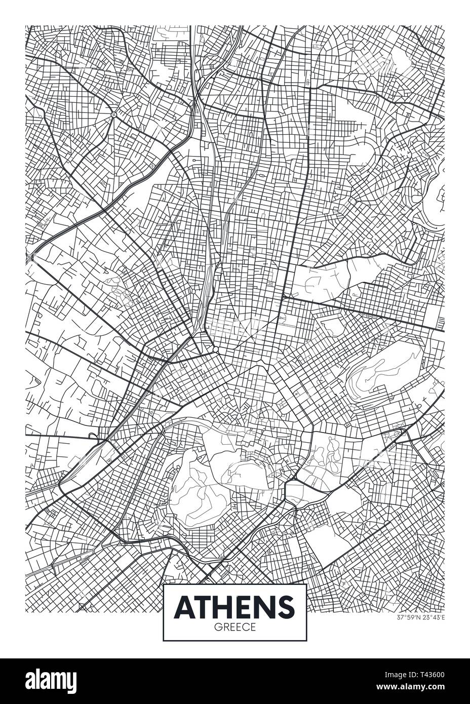 Mappa della città di Atene, vettore di viaggio design poster piano particolareggiato della città, fiumi e strade Illustrazione Vettoriale