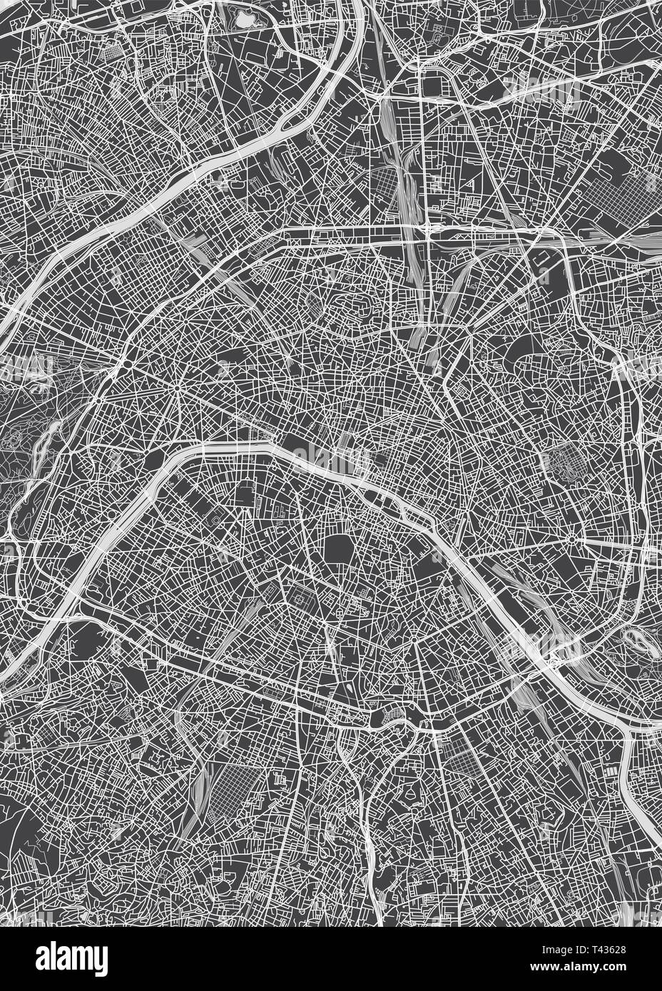 Mappa della città di Parigi, monocromatico piano dettagliato, illustrazione vettoriale Illustrazione Vettoriale
