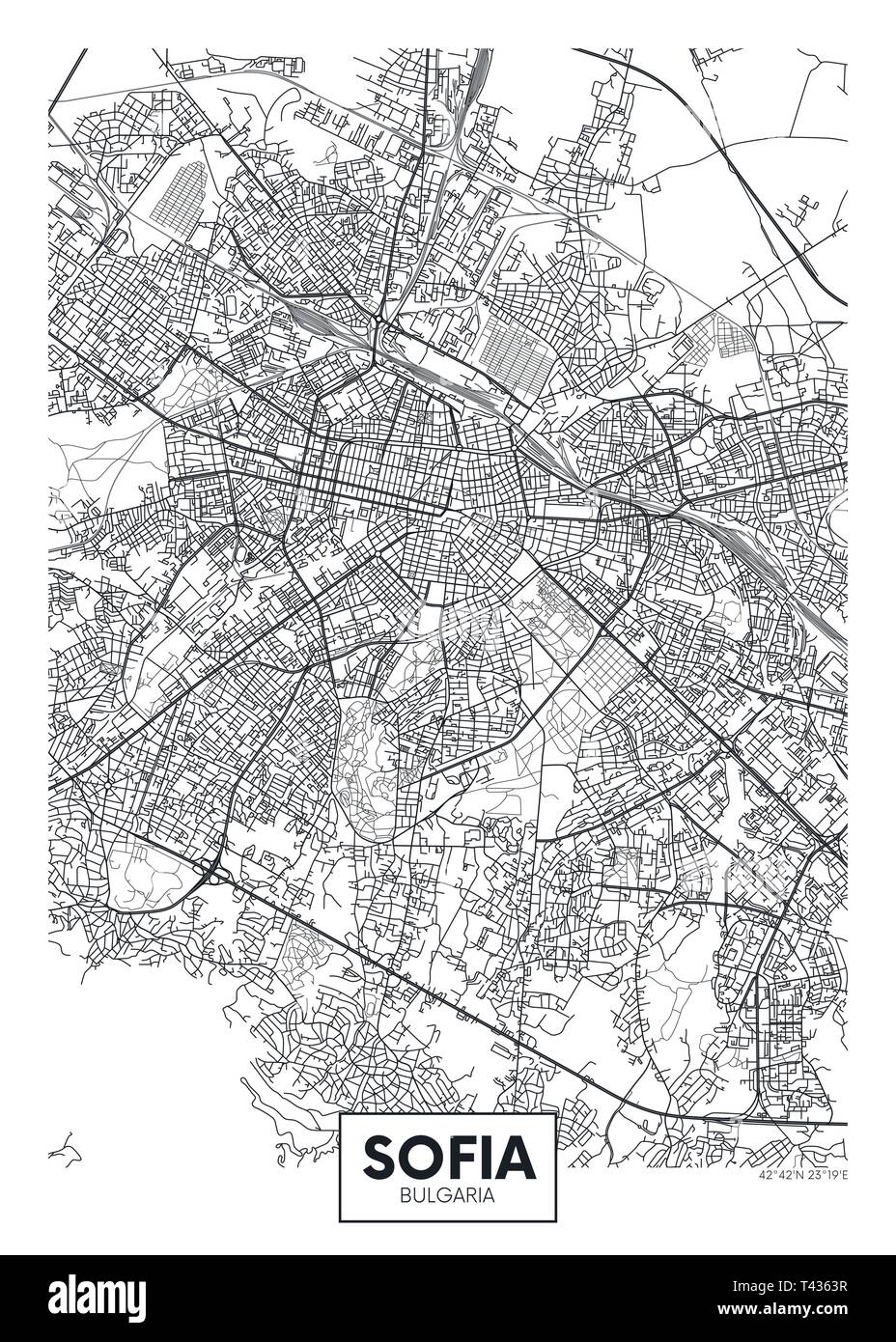 Mappa della città di Sofia, vettore di viaggio design poster piano particolareggiato della città, fiumi e strade Illustrazione Vettoriale