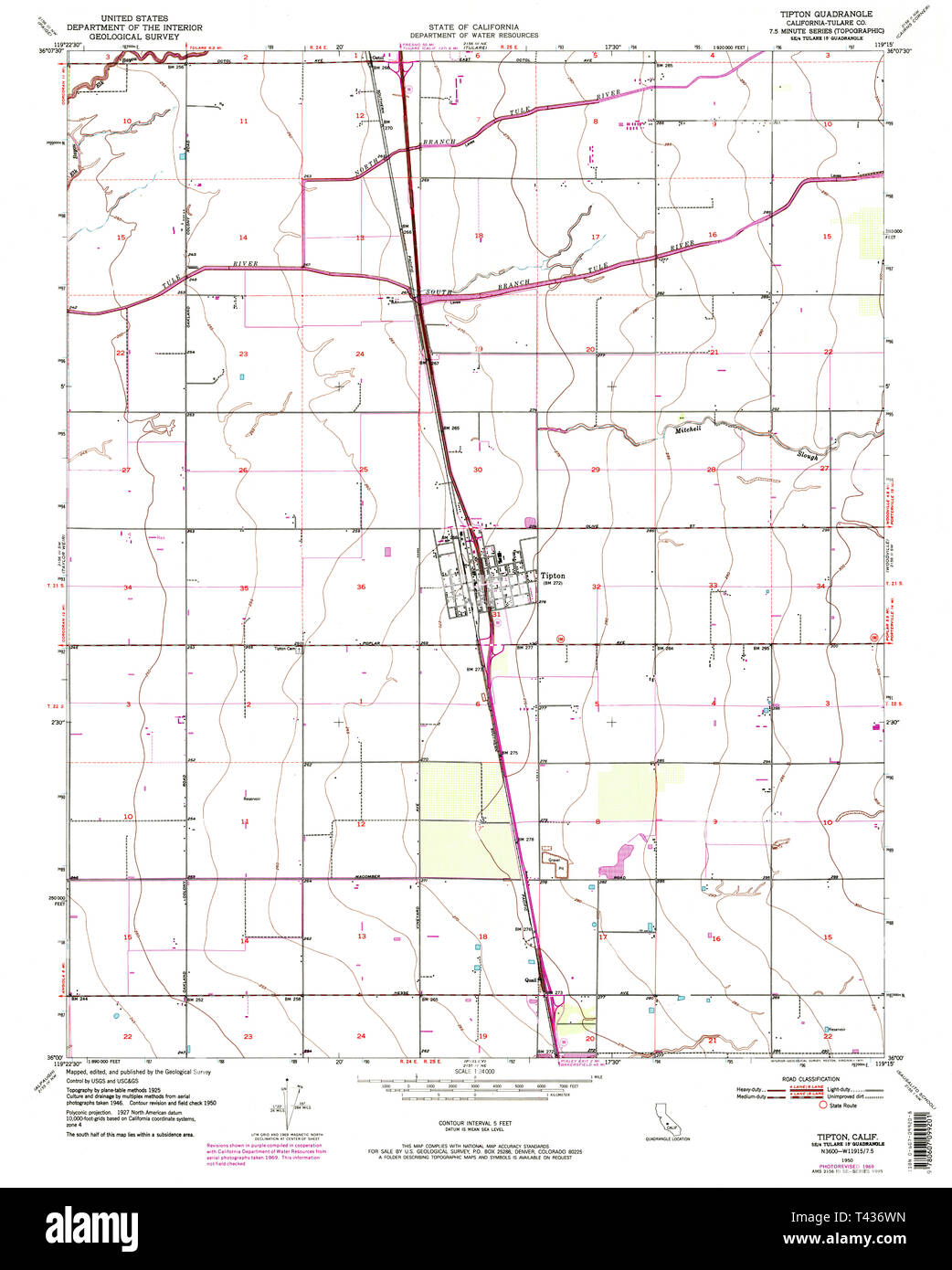 USGS TOPO Map California CA Tipton 102030 1950 24000 Restauro Foto Stock