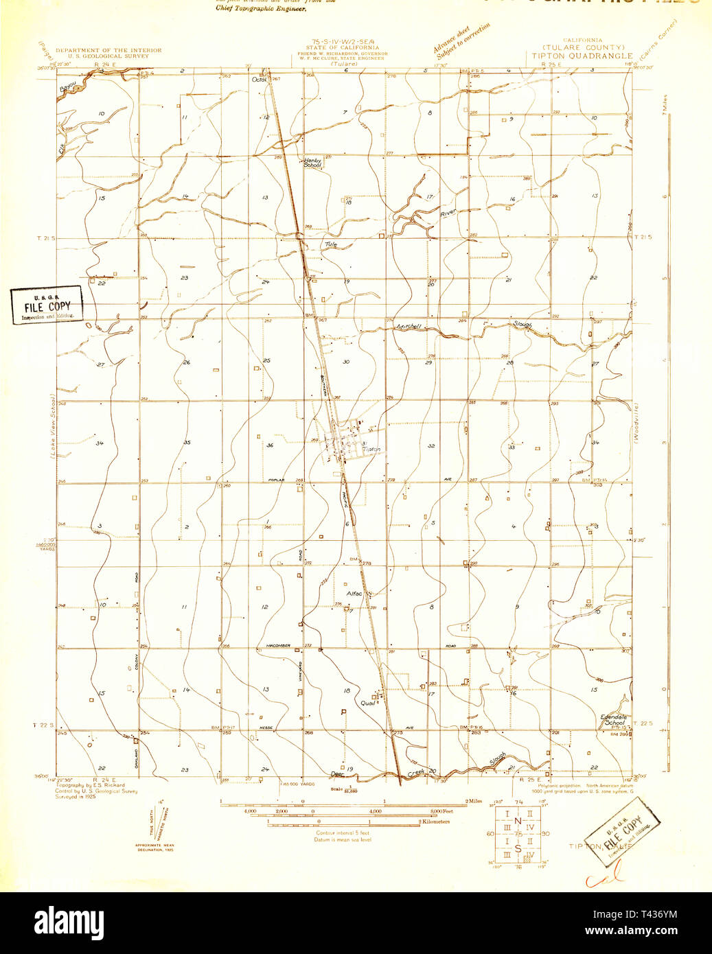 USGS TOPO Map California CA Tipton 296553 1925 31680 Restauro Foto Stock