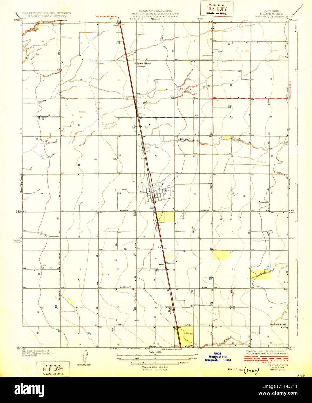 USGS TOPO Map California CA Tipton 296554 1928 31680 Restauro Foto Stock