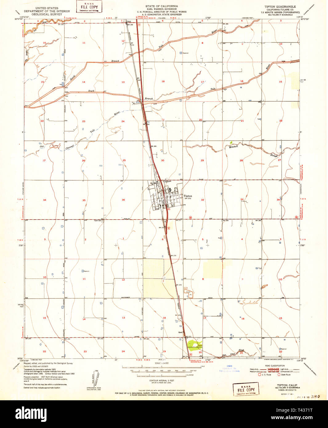 USGS TOPO Map California CA Tipton 300880 1951 24000 Restauro Foto Stock