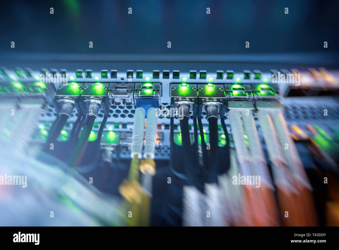 I server montati su rack in una sala server, server rack cavo audio. Taglia il computer in un rack presso il centro dati di grandi dimensioni. Foto Stock