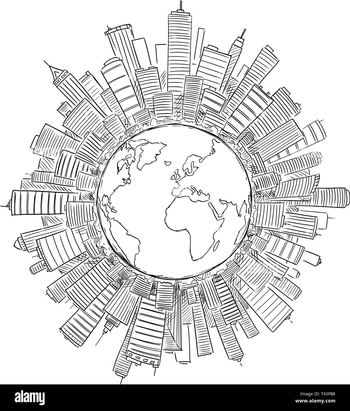 Il disegno vettoriale di alta moderni edifici globo di copertura o un cerchio come rappresentazione della civiltà mondiale o business. Concetto del settore finanziario e di economia globale. Illustrazione Vettoriale