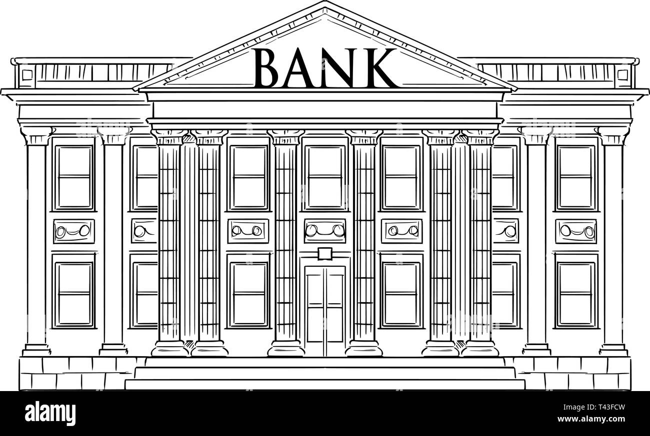 Il vettore in bianco e nero il disegno della banca di edificio in stile classico con colonne come metafora di stabilità, denaro, finanza e investimenti. Illustrazione Vettoriale