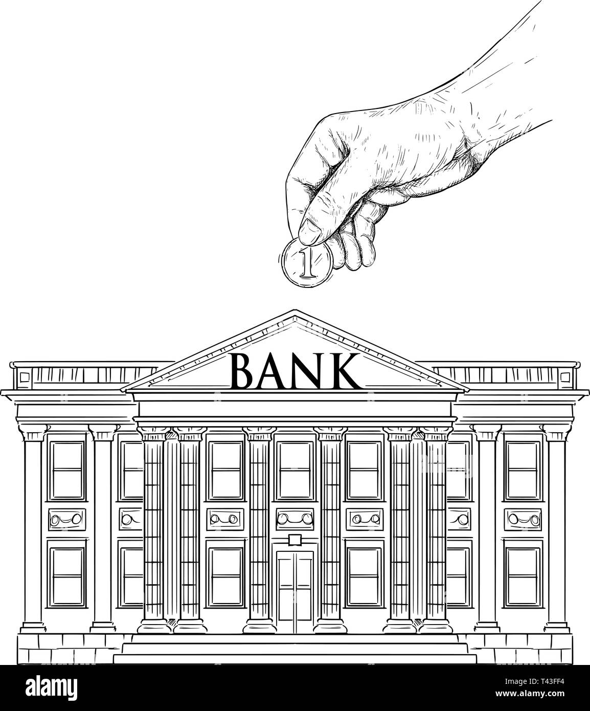 Il vettore in bianco e nero il disegno di mettere mano alle monete in bank building come salvadanaio. Metafora di investimenti e finanziamenti. Illustrazione Vettoriale
