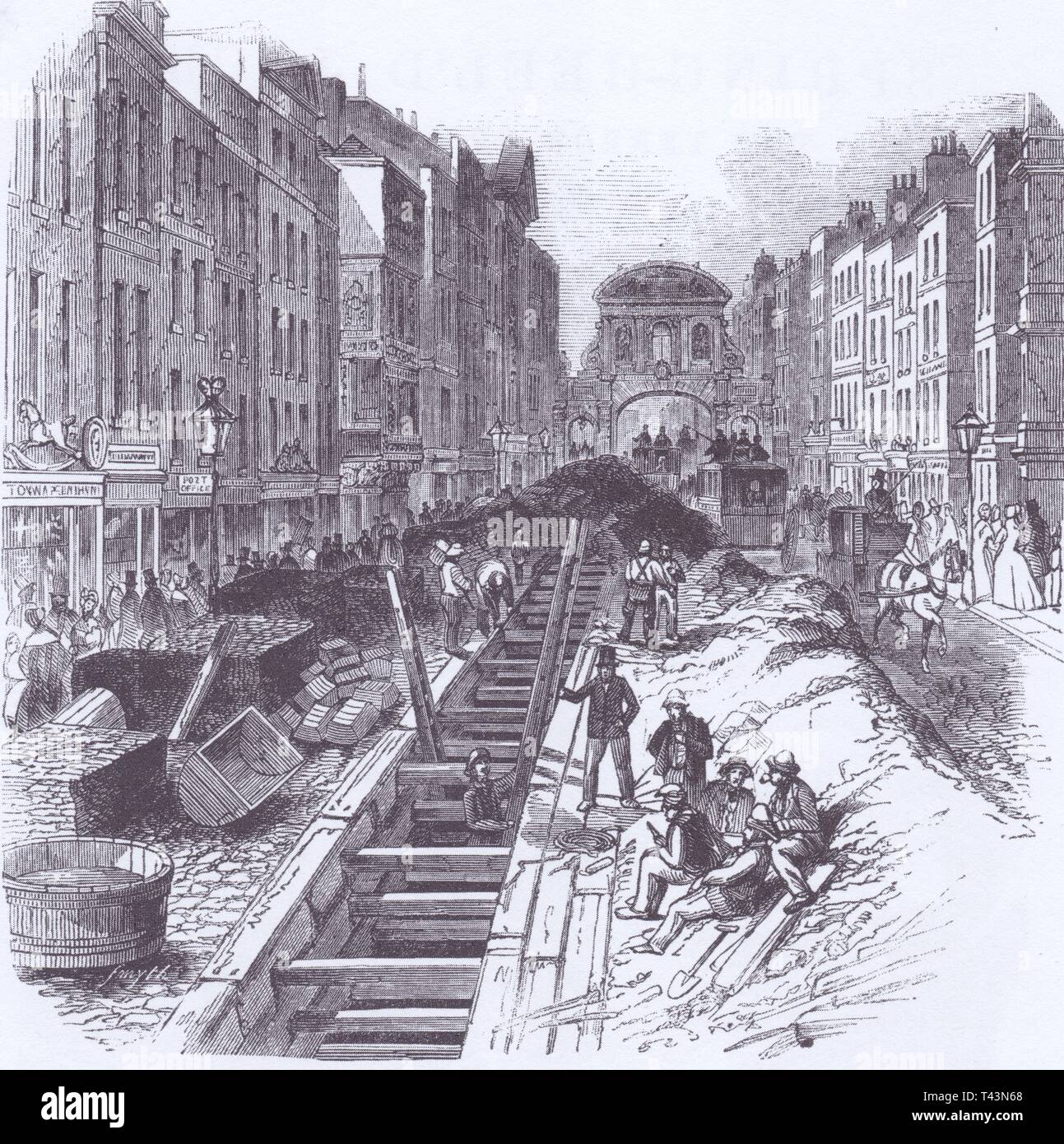 PERCEMENT DE FLEET STREET, À LONDRES , POUR Y INSTALLER LE SYSTÈME D'ÉGOUTS EN 1845 Foto Stock