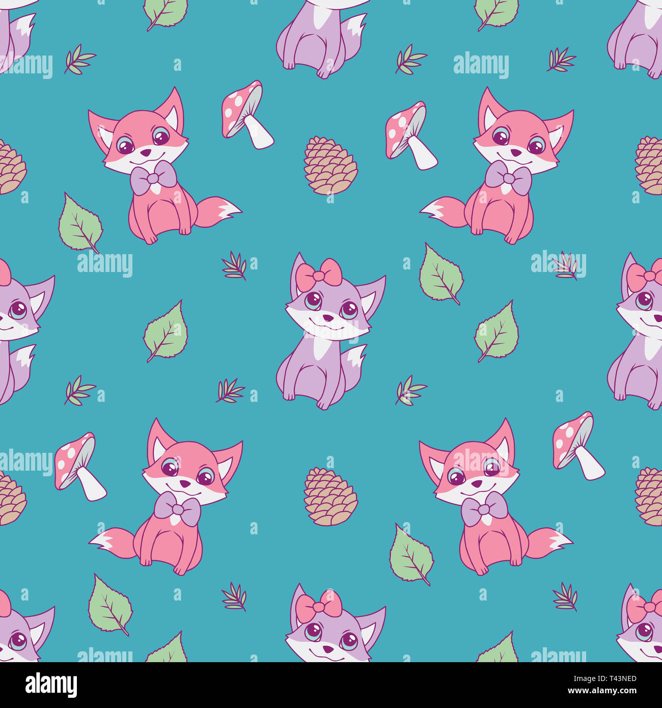 Carino seamless modello animale per i bambini i disegni a pastello rosa e viola volpi, foglie e funghi sulla luminosa sullo sfondo teal Foto Stock Carino seamless modello animale per i bambini i disegni a pastello rosa e viola volpi, foglie e funghi sulla luminosa sullo sfondo teal Foto Stock