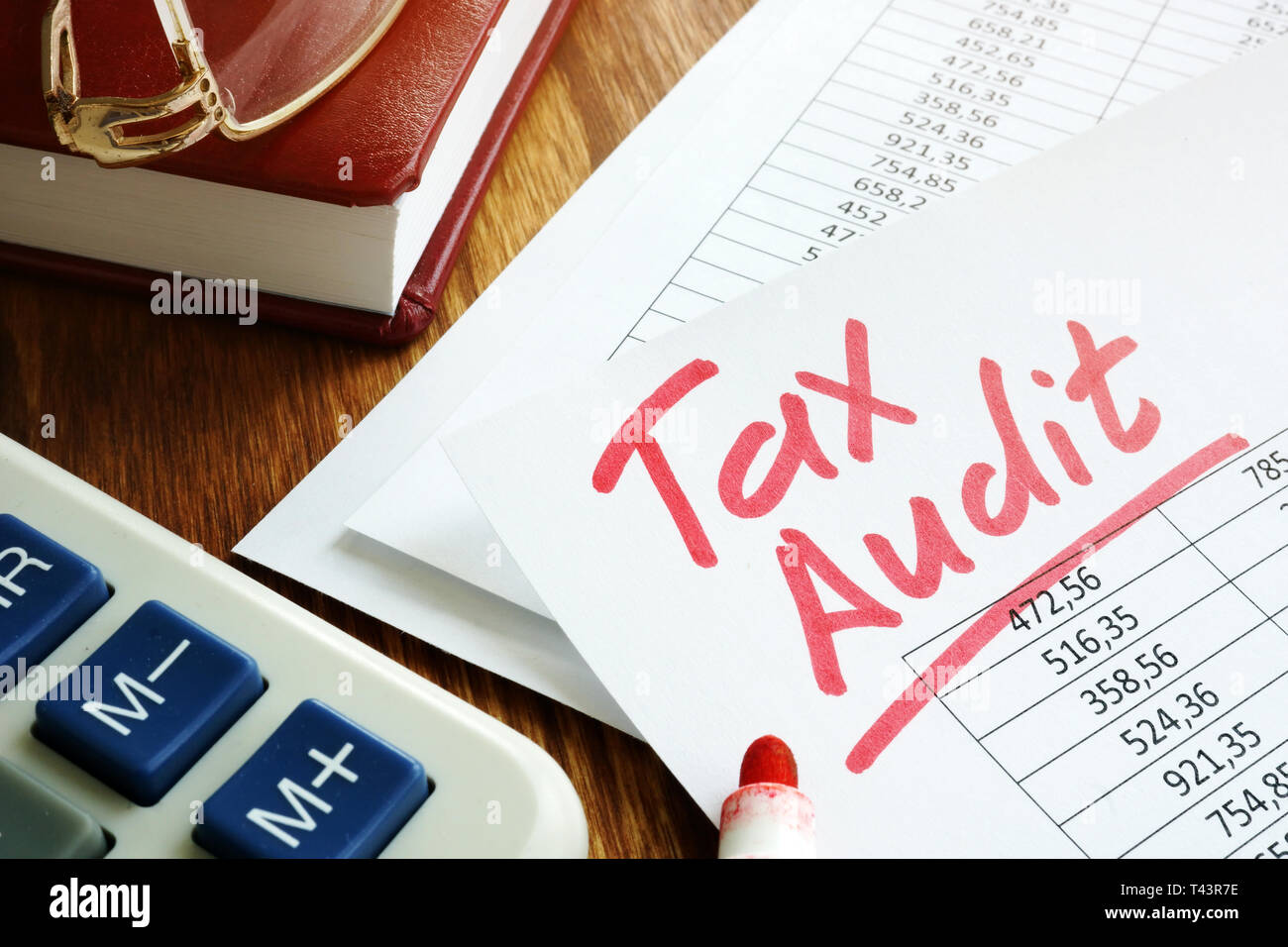 Controllo fiscale calligrafia su business documenti contabili. Foto Stock