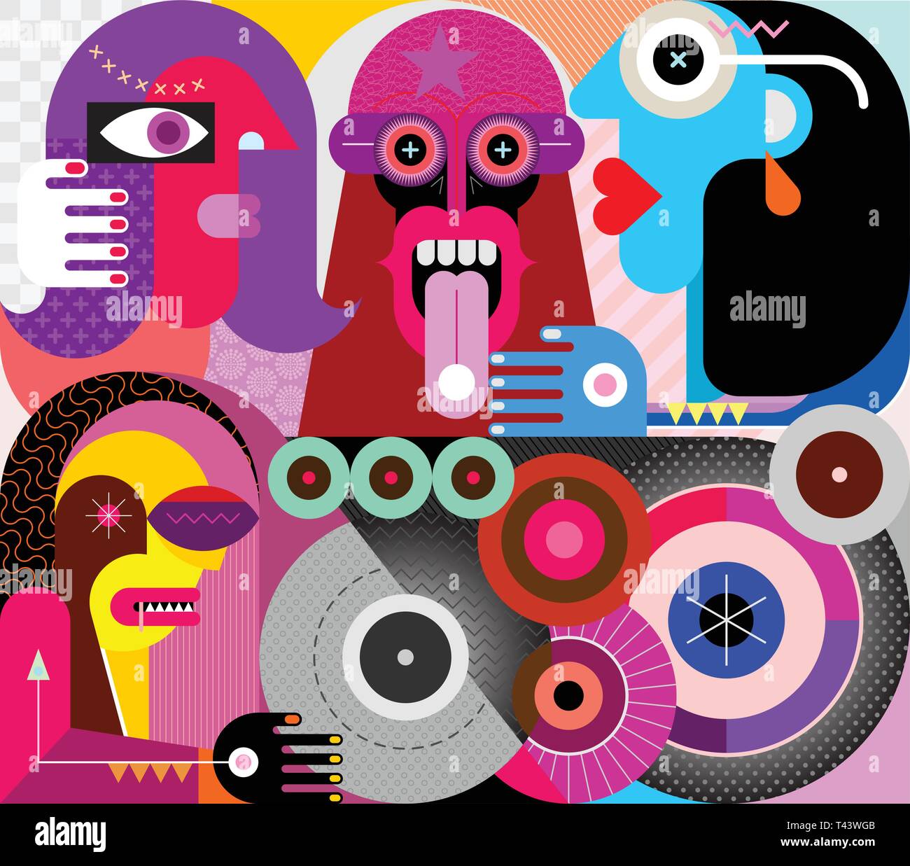 Quattro persone fanno uso di sostanze stupefacenti. Strano uomo mangiare una pillola. Moderna arte astratta illustrazione vettoriale. Illustrazione Vettoriale