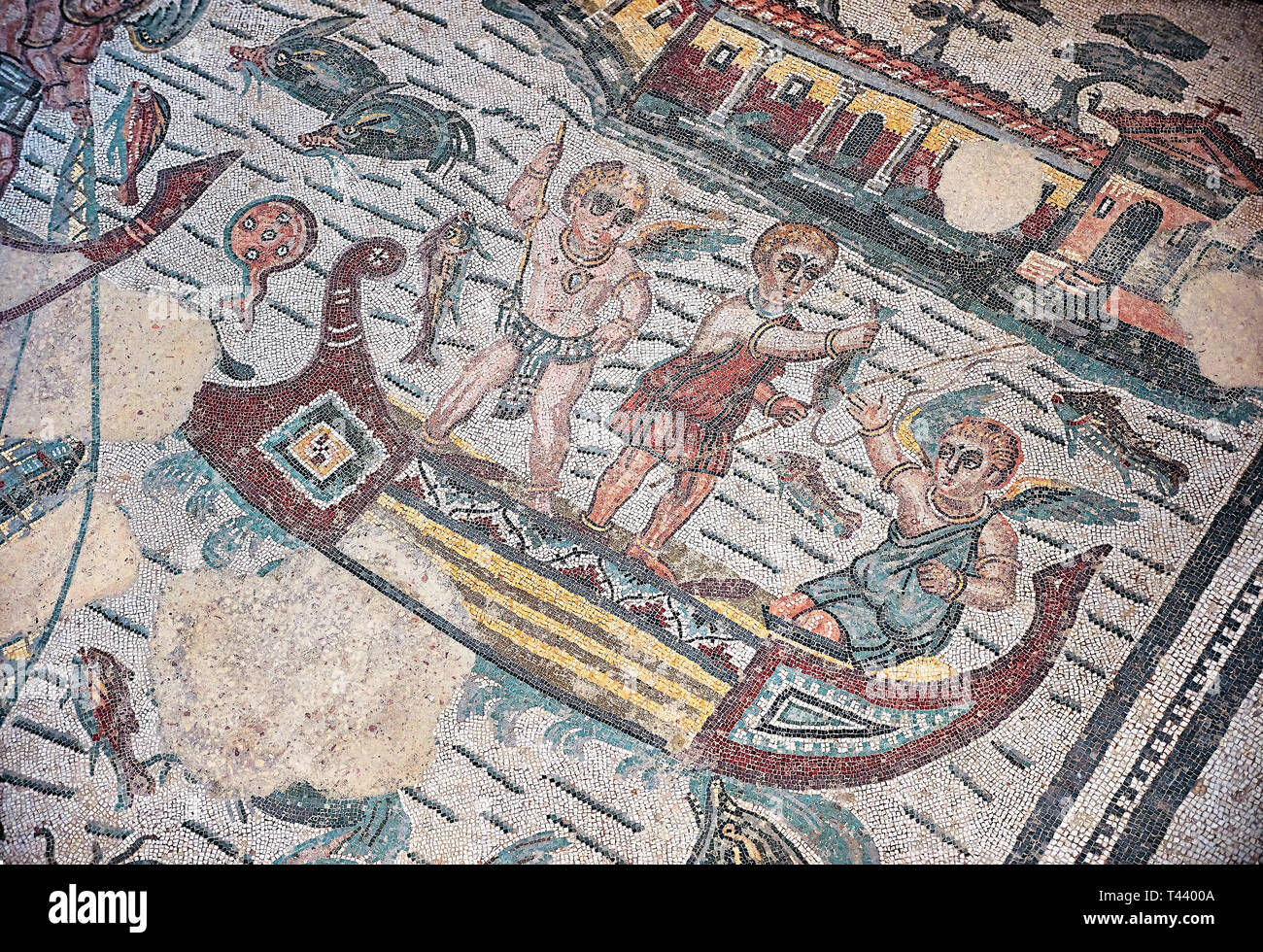 Dettaglio di un Mosaico romano dalla camera della pesca Amorini, sala 24, presso la Villa Romana del Casale, primo quarto del secolo IV D.C. Sicilia, Foto Stock
