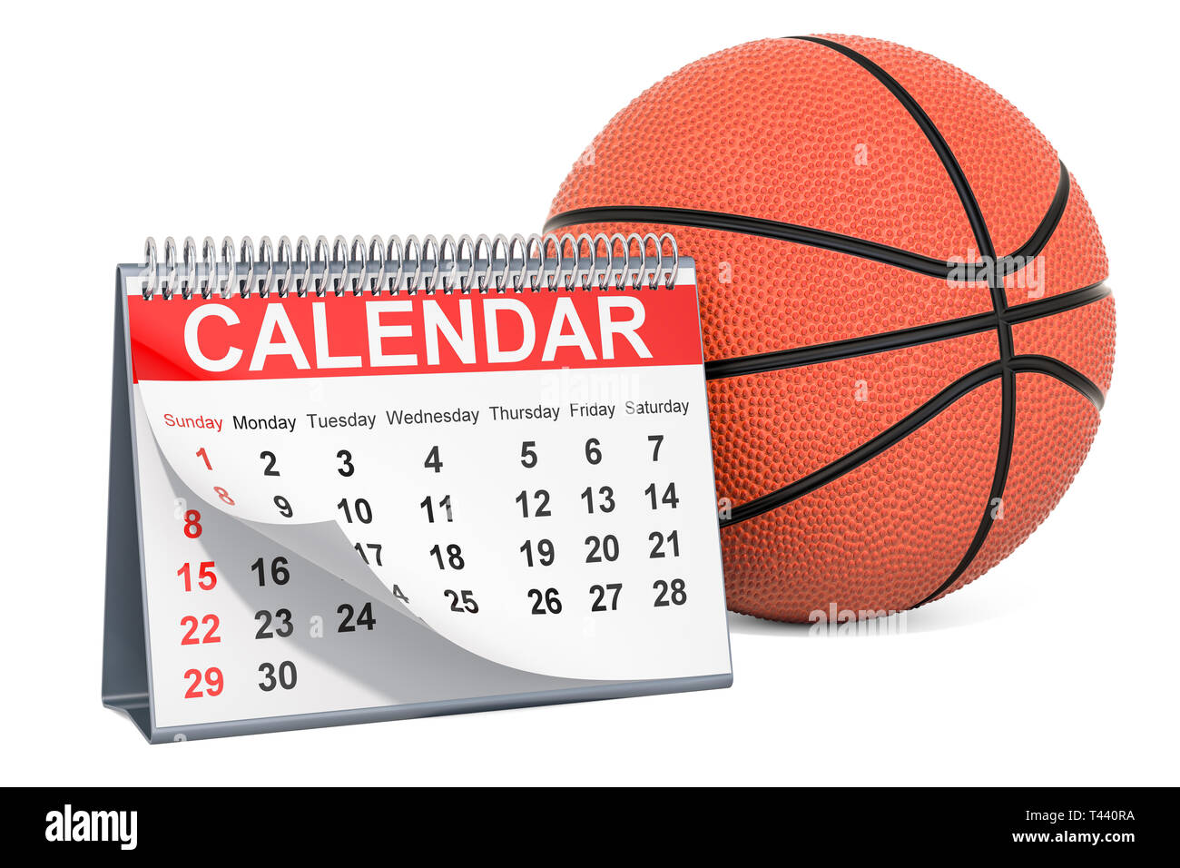 Il basket ball con calendario, basket calendario eventi concetto. 3D rendering isolati su sfondo bianco Foto Stock