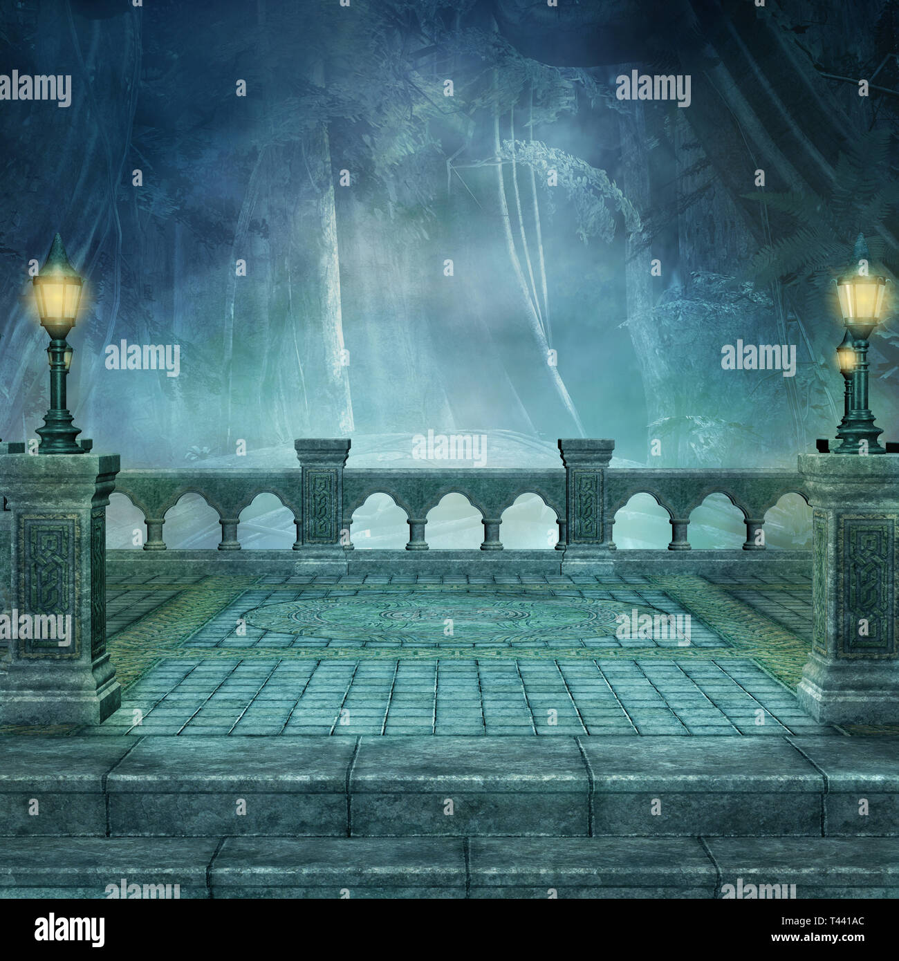 Fantasy balcone sfondo con lanterne e la vista verso il bosco incantato Foto Stock