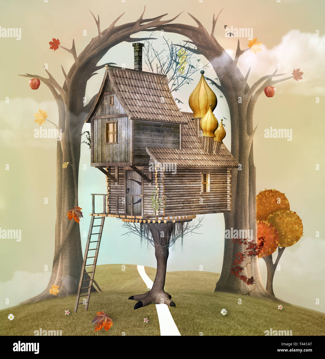 Fantasy strega casa in un scenario autunnale Foto Stock