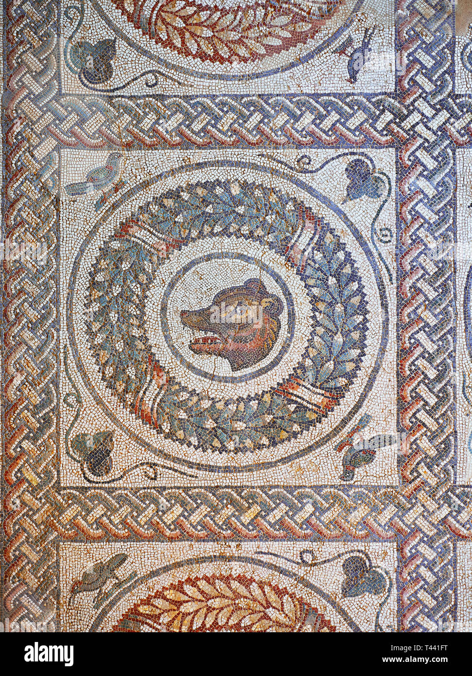 Close up foto di mosaici Romani del Peristilio raffiguranti animali in un mosaico geometrico corona all'interno di pannelli quadrati, camera n. 13 presso la Villa Ro Foto Stock