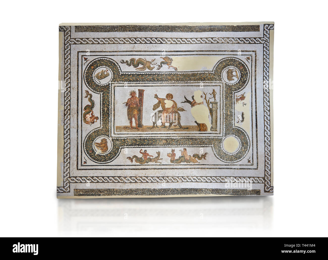 Foto di mosaici romani disegno raffigurante Dioniso in sella a una pantera, da Abdel Jelil. Ii secolo D.C. El Djem Museo Archeologico, El Djem, Tuni Foto Stock